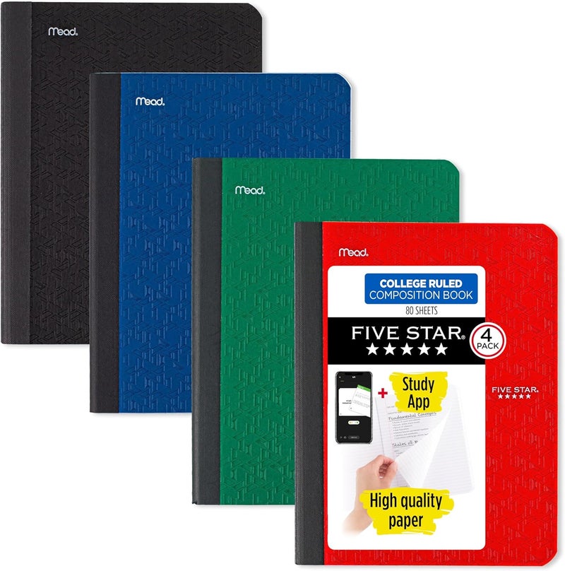 Five Star Composition Book + Study App, 4 Pack, College Ruled Paper, 7-1/2" x 9-3/4", 80 Sheets, Forest Green, Pacific Blue, Fire Red and Black (850065B-ECM) - Image 1